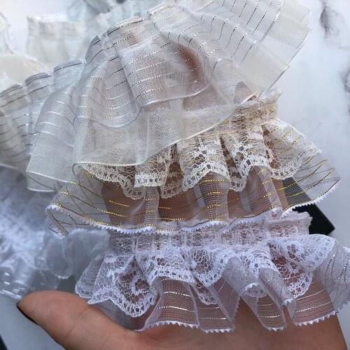 3yds/lot 4.5-5.5CM wide folds lotus leaf silver white/white gold lace trims handmade skirt decorative lace accessories AC424