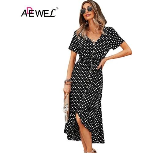 ADEWEL 2021 Summer Dress Elegant Polk Dot Print Black Midi Dress Sexy V Neck Irregular Ruffle Dress Party Robe Shorl Sleeve Boho