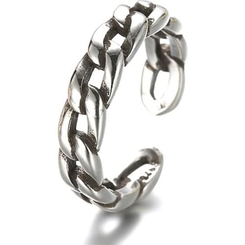 ANENJERY 925 Sterling Silver Vintage Twisted All-match Thick Opening Black Thai Silver Men Women Rings (16mm) S-R08