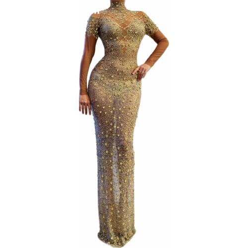 Sparkly Silver Rhinestones See Through Dress Prom Party Mesh Outfit Women Dance Dress Birthday Celebrate Dress