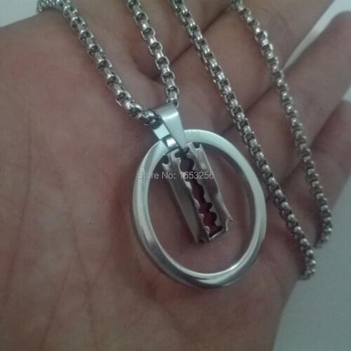 For Men Boys Jewelry Stainless Steel Cutter Blade with Round circle combination Pendant Necklace +3mm 22'' Square Rolo Chain