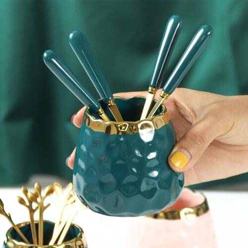 European-style Fruit Fork Ceramic Storage Tube Household High-end Dessert Fork Storage Jar with 6 Forks Set Fruit Small Spoon