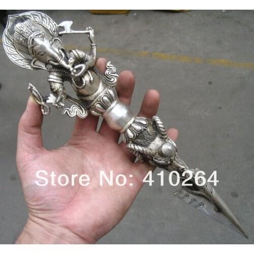 Chinese silver dragon RUYI good luck tool 4 arm Elephant Buddha Statues