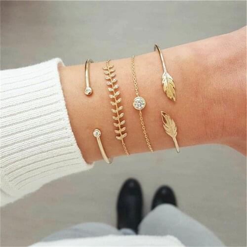 Womens Fashion Crystal Leaves Geometric Chain Gold Color Bracelet Set Bohemian Vintage Jewelry Wholesale 1 set
