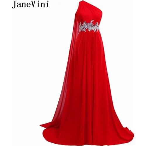 JaneVini Red Chiffon Long Bridesmaids Dresses with Lace Appliques Crystals One Shoulder Backless Sweep Train Maid of Honor Gowns