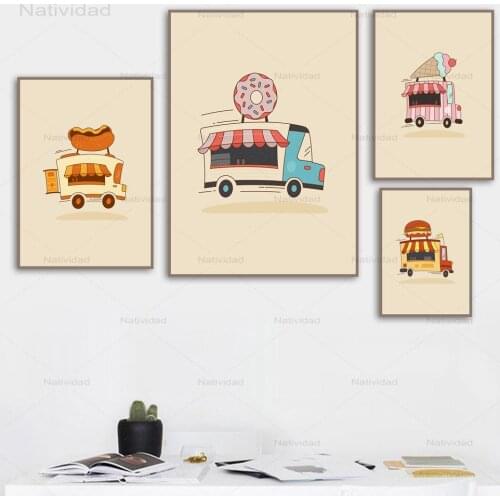 Cartoon Hamburger Hot Dog Ice Cream Food Truck Wall Art Canvas Printing Pictures for Kitchen Room Decor Nordic Poster and Print
