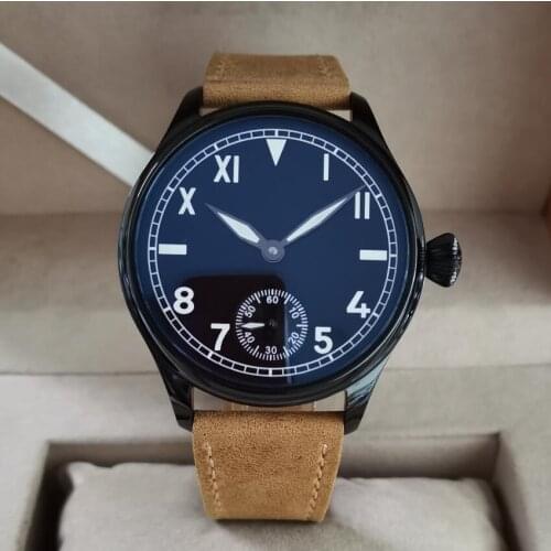 GEERVO 44mm PVD black Manual mechanical mens Watch Black California dial No logo Super luminous Light brown Frosted strap G139