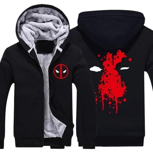 Mens Casual Movie Deadpool Hoodies Zip up Thick Winter Super Warm Cotton Sweatshirts Coats Thicken Fleece (US Size)