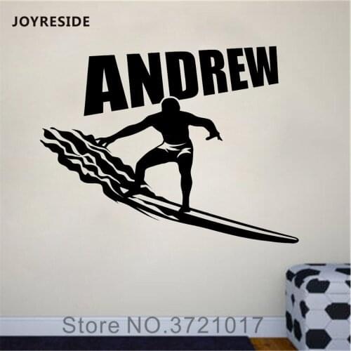JOYRESIDE Personalised Wall Custom Name Surfing Sports Decals Vinyl Sticker Kids Room Bedroom Living Room Design Art Mural A1666
