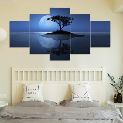 Home Decoration poster Wall Art Modular Pictures Canvas 5 Pieces Abstract Tree Blue Moon Night Scene Paintings HD Printing Frame