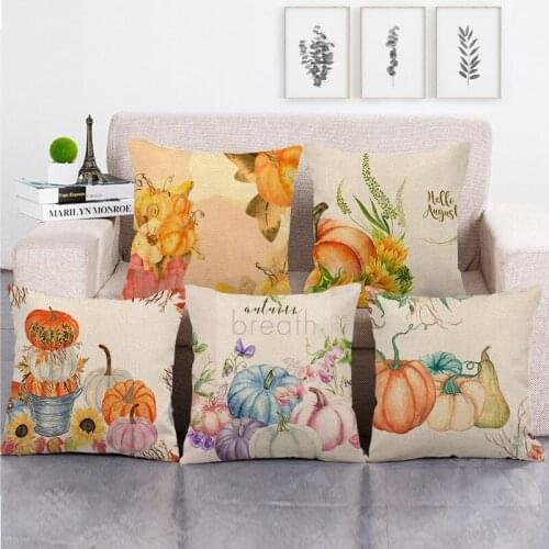 One Side Print Cushion Cover Linen Pillow Cover for Home Sofa Seat Throw Cute Vintage Decoration 45X45cm Pumpkin
