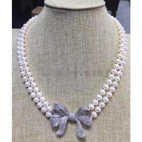 2row 19-20" 8-9mm white round freshwater pearl necklace zircon bowknot