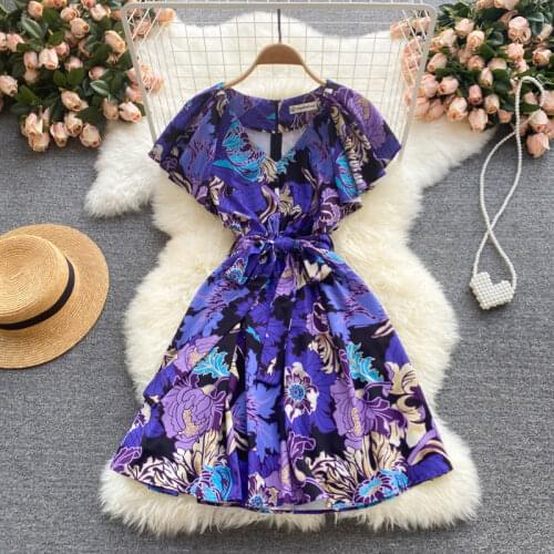 Europe Style New Summer Women V Neck Flying Sleeve Floral Print Belt A Line Dress Ladies Mini Dresses Vestido