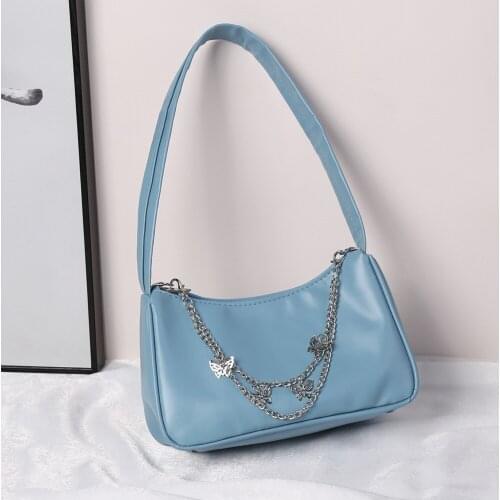 Portable Travel Butterfly Chain Mini Purse Fashion Women PU Leather Shoulder Underarm Bag Casual Pure Color Zipper Handbags