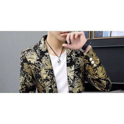 Gold Cashew Flowers Printed Luxury Blazers Men Slim Fit Silver Stage Costumes For Singers Mens Fashionable Jackets Unusual 2021
