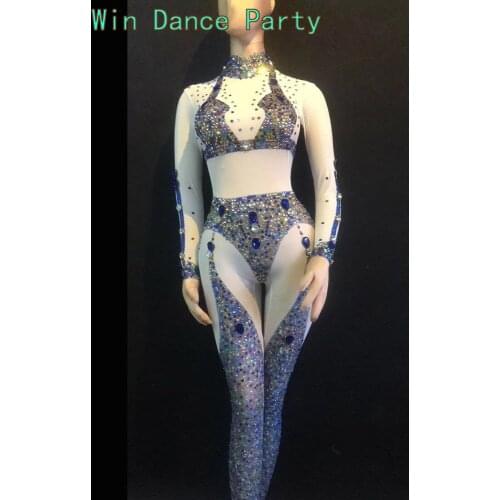 Sexy Mesh See Through Party Jumpsuit Women Stretch Skinny Transparent Rhinestone Rompers Club DS Dance Bodysuit Stage Outfits