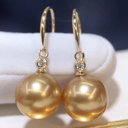 D801 Pearl Earrings Fine Jewelry Solid 18K Gold Round 10-11mm Sea Water Golden Pearls Drop Earrings