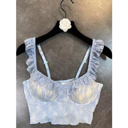 FABPOP 2021 Summer Sleeveless Lace Ruffles Light Blue Print Sexy Tank Tops Women Crop Top GB554