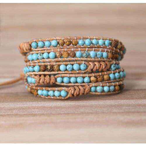 Unique Mixed Natural Stones turquoises beads 5 Strands Wrap Bracelets Handmade Boho Bracelet Women&men Leather Bracelet