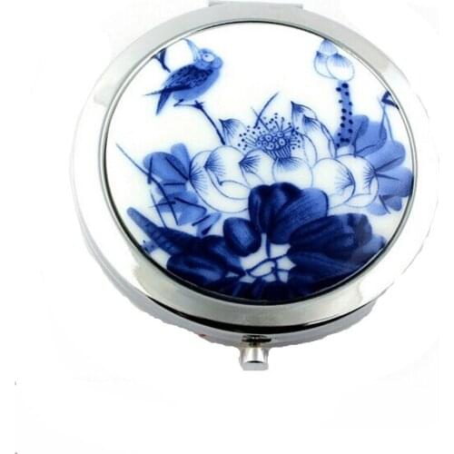 Vintage Women ladies Blue and white porcelain print Lotus ceramic metal compact portable cosmetic mirror makeup mirrors
