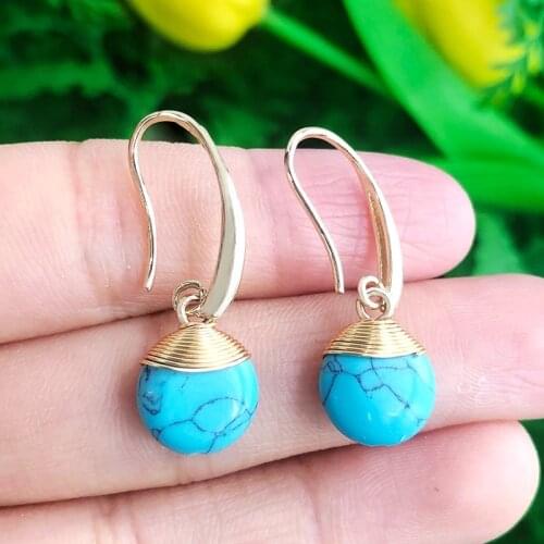 SAY HELLO Natural Stone Turquoise Rectangle Round Water-drop Pendant Dangle Earrings for Women Trendy Jewelry Gift K6960