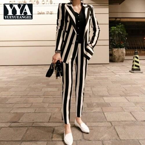 New Winter Womens Striped Double Breasted Blazer Jacket Slim Fit Pencil Pants 2 Pieces Suits Sets Business OL Sets Female