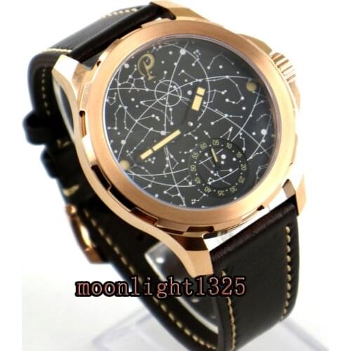 2017 new 44mm mens parnis constellation rose golden plated Case Leather Sapphire glass Luminous 6498 hand Winding uhr Watch