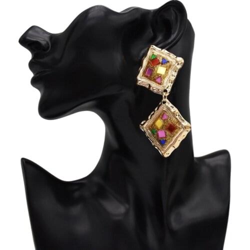 Big Multicolor Drop Dangle Earrings For Wedding Women Statement Pendientes Square Metal Crystal Fringe oorbellen Charm Jewelry