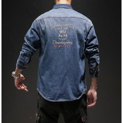 European Style Long Sleeve Embroidery Denim Shirt Mens Fashion Casual Jean Tops Spring Youth Handsome Retro Pure Cotton Shirts