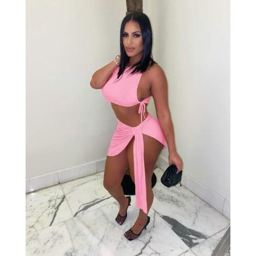 Summer Beach wear Knit Rib Dress Two Piece Set Women Sexy Bandage Crop Top Irregular Mini Skirts Suits Club Outfits Matching Set