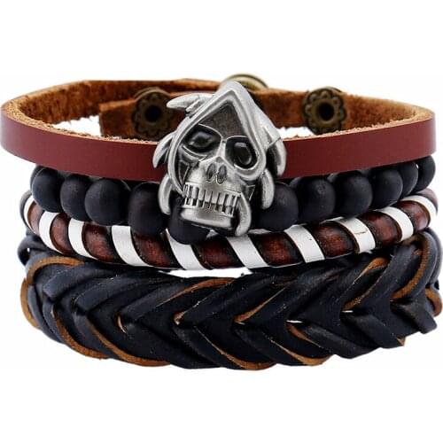 Multilayer Punk DIY 4 Pcs/set Beads Wrap Alloy Skull Charm Brown Men Leather Bracelets For Women Homme Femme Jewelry Accessories