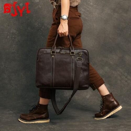 Retro Handmade Mens Handbags 15.6-inch Laptop Bag Horizontal Leather Computer Bag Business High-grade Briefcase Shoulder Bags
