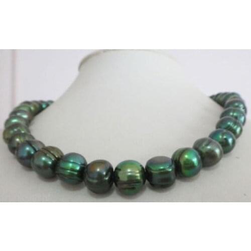 Natural 11-12mm tahitian baroque peacock green pearl necklace 18" 925silver