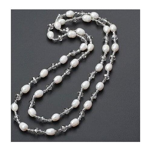 Charming Pearl Jewelry,White Color Real Freshwater Pearl And Crystal Beads 48inches Long Jewelry,Handmade Party Necklace
