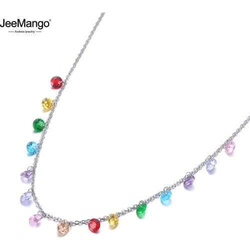 JeeMango Fashion Bohemia Stainless Steel Colorful CZ Crystal Choker Necklace Summer Beach Pendant Necklace For Women JN19125