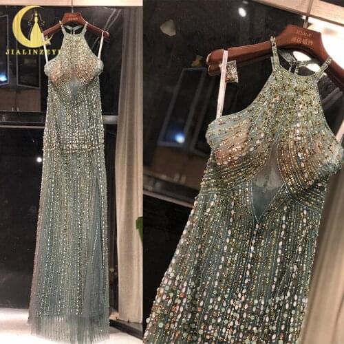 Rhine Real picture Green Halter Beads Crystal Sexy Mermaid dress women evening dress long formal dresses