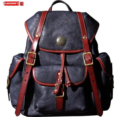 New Genuine Leather Bag Men Backpack Male Backpack Vegetable Tanned Leather Schoolbag 2020 Cowhide Retro Handmade Original