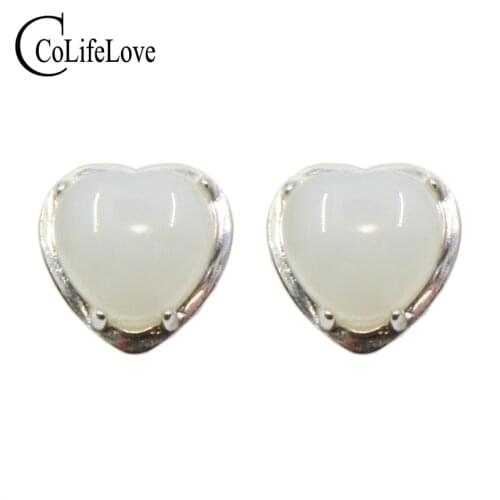 CoLife Jewelry 925 Silver White Jade Stud Earrings 6mm Heart Shape Natural Jade Silver Earrings Sterling Silver Jade Jewelry