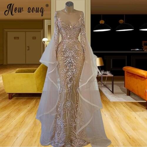 Light Champagne Illusion Evening Dress Lace Ruffles Long Sleeve Mermaid Party Gowns vestidos de fiesta Islamic Turkish Gowns
