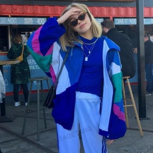 B-TOTO American Retro Blue And Green Color Matching Stand-up Collar Sports Jacket Female Tide Ins Spring And Autumn Jacket 2021