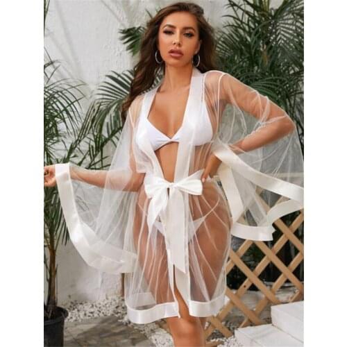 Women Bikinis Pareos Summer Mesh Lace See Through Cover Ups Solid Long Sleeve Bathing Perspective Beach Dress Swimsuits Swimwear