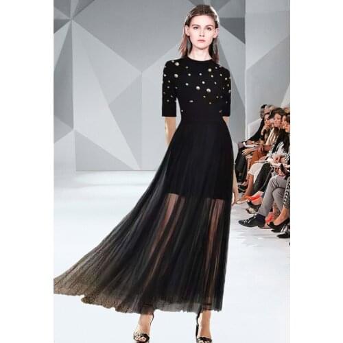 2021 Summer Black Short Sleeve Set Women Embroidered Flares Knit Pullover Top + Hight Waist Long Mesh Pleated Skirt 2 Piece Suit