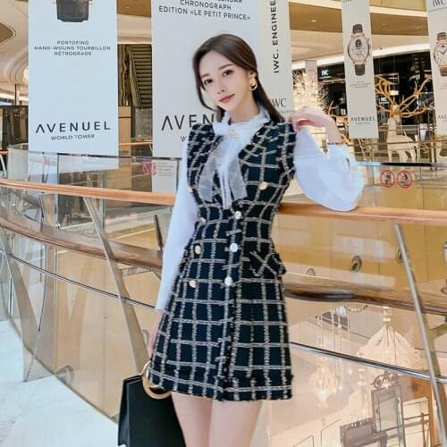 2020 New Preppy Style Winter Casual Elegant 2 Piece Set Ladies White Shirt and Double Breasted Modis Tank Sleeveless Skirt Suit