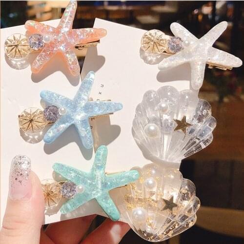 Acetate Pearl Ocean Shell Starfish Hair Clips for Women Girls Handmade Geometric Duckbill Clips Hairgrips Bangs Hair Accessories