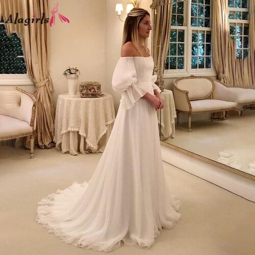Simple Off the shoulder chiffon white bridal dress Lantern sleeves ruffles robe de soiree Elegant gowns plus size 2020