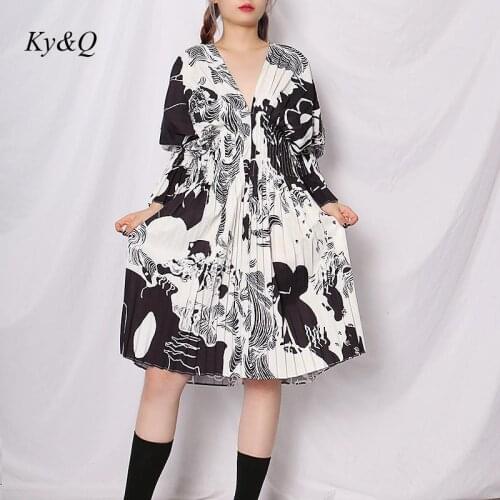 2020 Summer Women Sexy Luxury Pleated Flared Sleeve Printed Ink Painting Vintage Midi Dress Brand Design Vacation Party Dresses