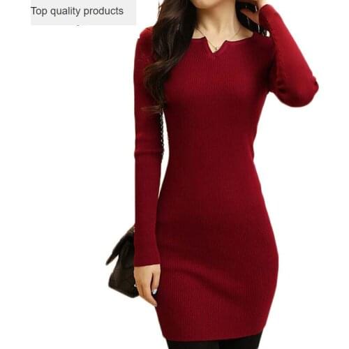2020 Fashion Women Knitted Dress Casual Long Sleeve Stretch Basic Dress Ladies Winter Knitsweater Dresses D022