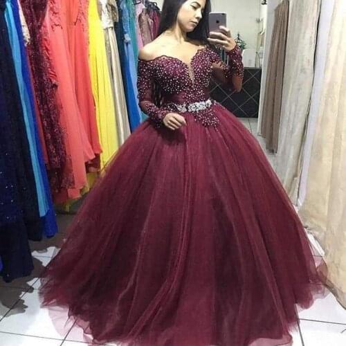 ANGELSBRIDEP Long Sleeves Ball Gown Quinceanera Dresses Dark Burgundy Applique Floor-Length Tulle Birthday Evening Party Gowns