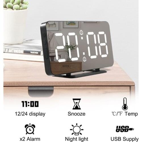 Digital Mirror Alarm Clock Wall Clock LED Display Electronic Temperature Snooze Clock USB Home Decoration