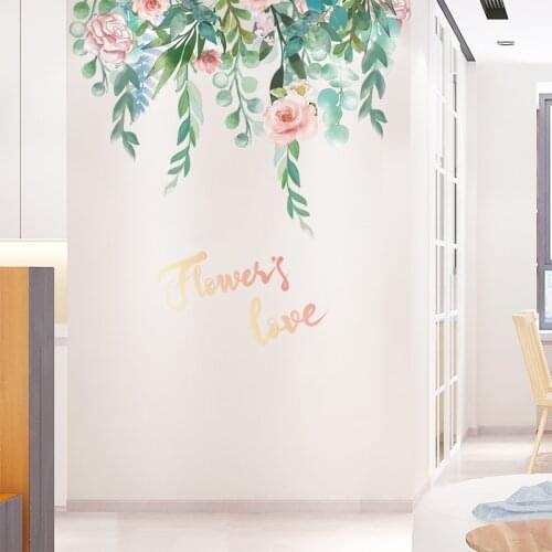 [shijuekongjian] Flower Wall Sticker DIY Plant Leaves Wall Decals for Living Room Bedroom Nursery Kitchen House Decoration